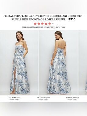 Dessy Collection White Satin Twill Strapless Maxi Dress with Blue Floral